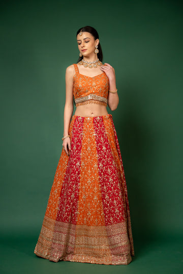 Orange Rani Sequence, Zari  & Cutdana Georgette Lehenga Set With Readymade Blouse