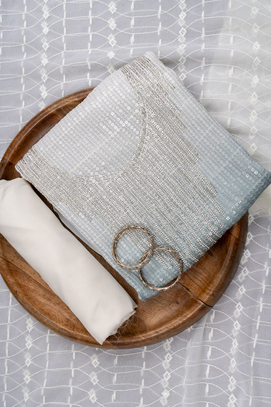 Mint Green Mirror, Sequence, Threadwork & Zarkan Crepe Unstitched Salwar Suit With Chiffon Dupatta