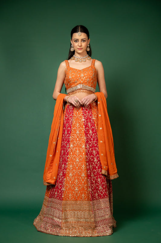 Orange Rani Georgette Lehenga Set And Georgette Dupatta With Readymade Blouse