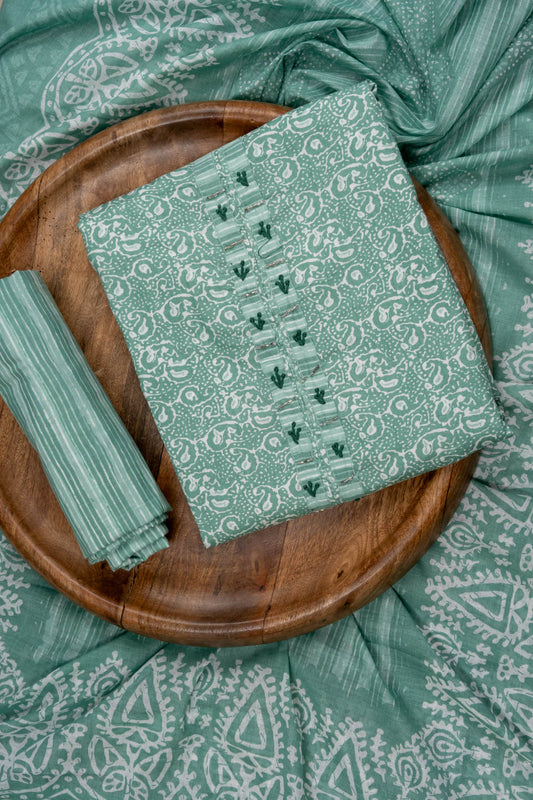 Mint Green Sequence, Threadwork & Floral Printed Cotton Unstitched Salwar Suit With Cotton Dupatta