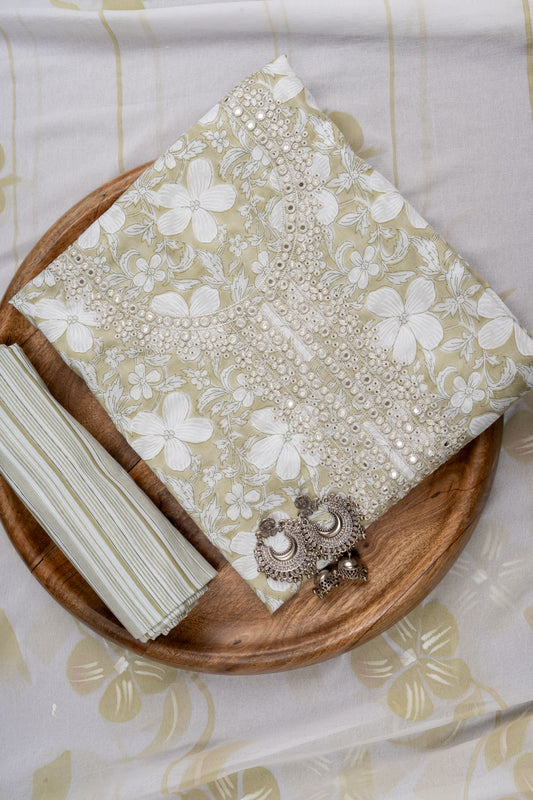 Pista Sequence, Mirror Sheet, Threadwork & Floral Printed Cotton Unstitched Salwar Suit With Cotton Dupatta
