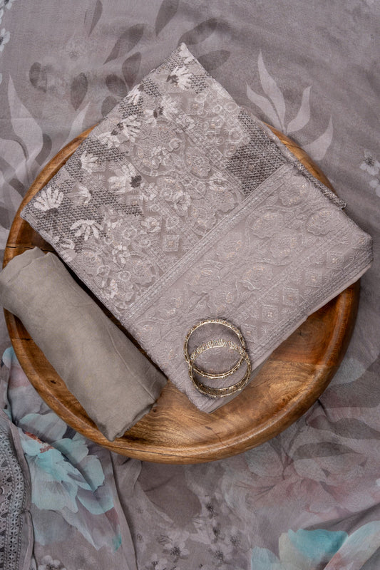 Grey Sequence, Threadwork & Floral Printed Georgette Unstitched Salwar Suit With Georgette Dupatta