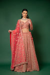 Coral Zari Thread, Mirror, Bead & Kundan Work Net Lehenga Set With Readymade Blouse