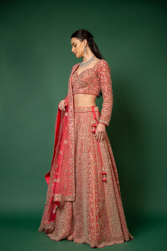 Coral Zari Thread, Mirror, Bead & Kundan Work Net Lehenga Set With Readymade Blouse