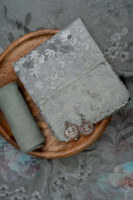 Olive Sequence, Threadwork & Floral Printed Georgette Unstitched Salwar Suit With Georgette Dupatta