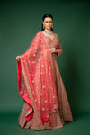 Coral Zari Thread, Mirror, Bead & Kundan Work Net Lehenga Set With Readymade Blouse