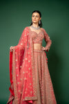 Coral Zari Thread, Mirror, Bead & Kundan Work Net Lehenga Set With Readymade Blouse