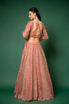 Coral Zari Thread, Mirror, Bead & Kundan Work Net Lehenga Set With Readymade Blouse