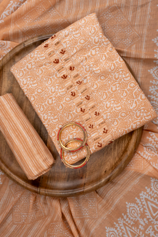 Peach Sequence, Threadwork & Floral Printed Cotton Unstitched Salwar Suit With Cotton Dupatta