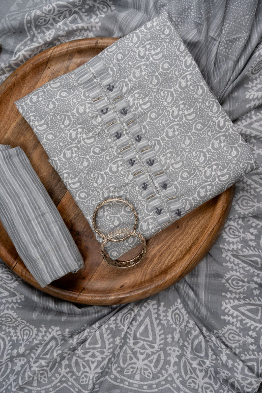Grey Sequence, Threadwork & Floral Printed Cotton Unstitched Salwar Suit With Cotton Dupatta