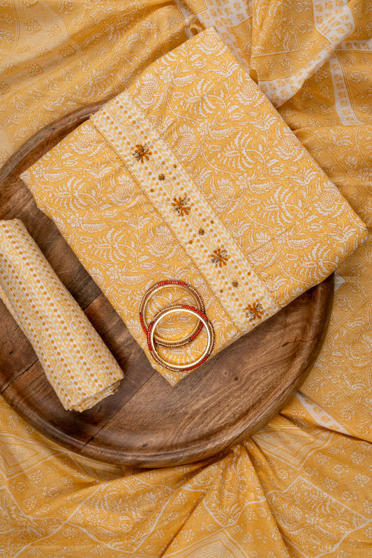 Mango Gold Sequence, Threadwork & Floral Printed Cotton Unstitched Salwar Suit With Cotton Dupatta