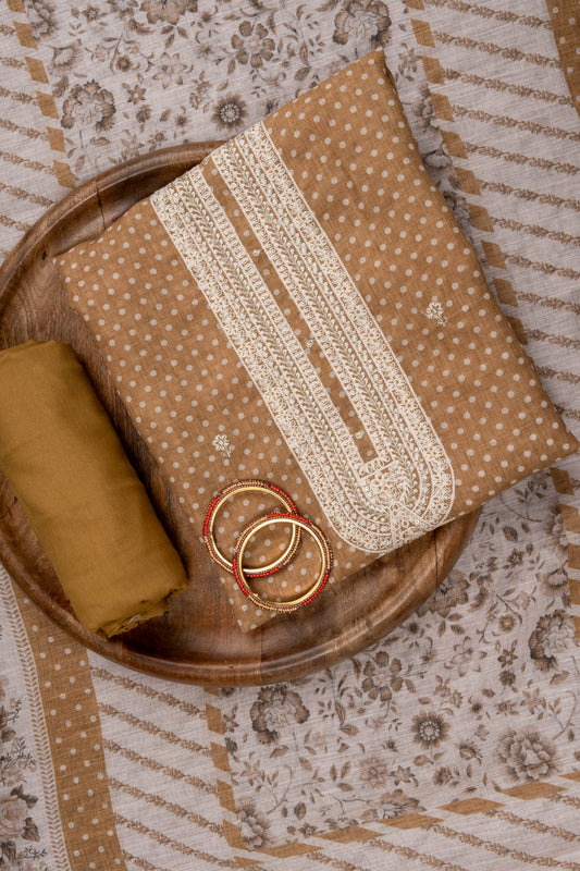 Mustard Sequence, Zari Threadwork & Digital Printed Cotton Unstitched Salwar Suit With Cotton Dupatta