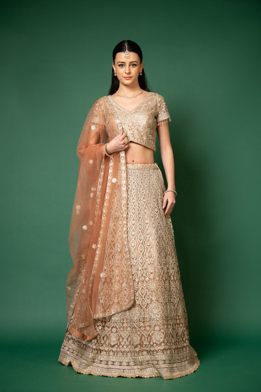 Peach Zari, Zarkan & Sequence Net Lehenga Set With Readymade Blouse