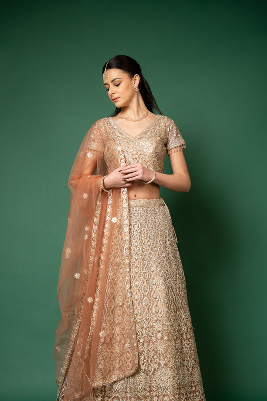 Peach Zari, Zarkan & Sequence Net Lehenga Set With Readymade Blouse