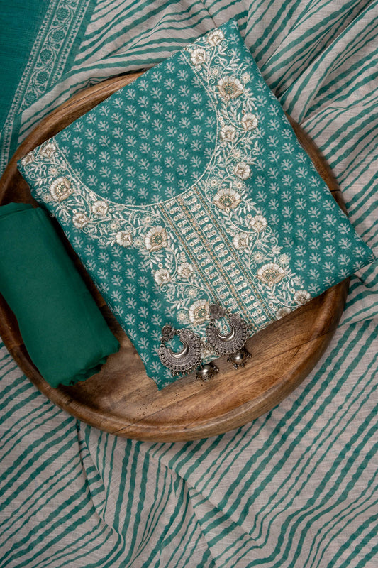 Rama Sequence, Threadwork & Floral Printed Cotton Unstitched Salwar Suit With Cotton Dupatta