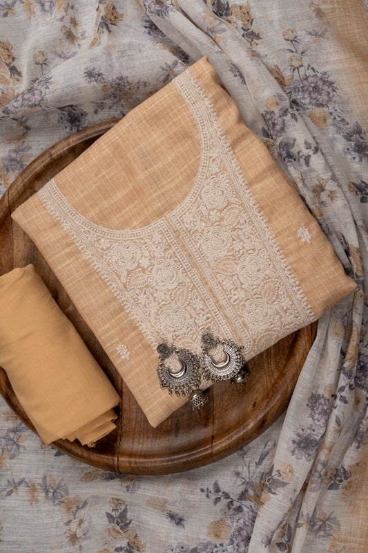 Mango Gold Sequence, Threadwork & Floral Printed Cotton Unstitched Salwar Suit With Cotton Dupatta