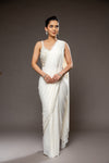 Off White Cutdana, Bead & Sequence Lycra Pre-Draped Designer Saree With Readymade Blouse