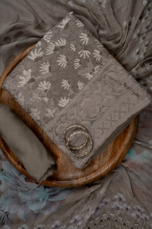 Chikoo Sequence, Threadwork & Floral Printed Georgette Unstitched Salwar Suit With Georgette Dupatta