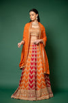 Orange Red Swarovski, Zari Thread & Bead & Sequence Georgette Lehenga Set With Readymade Blouse