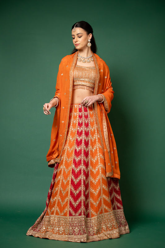 Orange Georgette Lehenga Set And Georgette Dupatta With Readymade Blouse