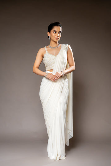 Off White Cutdana, Bead & Sequence Lycra Pre-Draped Designer Saree With Readymade Blouse