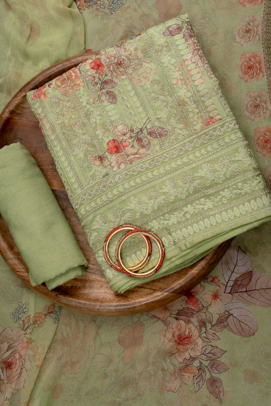 Pista Sequence, Threadwork & Floral Printed Georgette Unstitched Salwar Suit With Georgette Dupatta