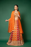 Orange Red Swarovski, Zari Thread & Bead & Sequence Georgette Lehenga Set With Readymade Blouse