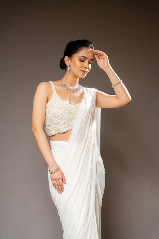Off White Cutdana, Bead & Sequence Lycra Pre-Draped Designer Saree With Readymade Blouse