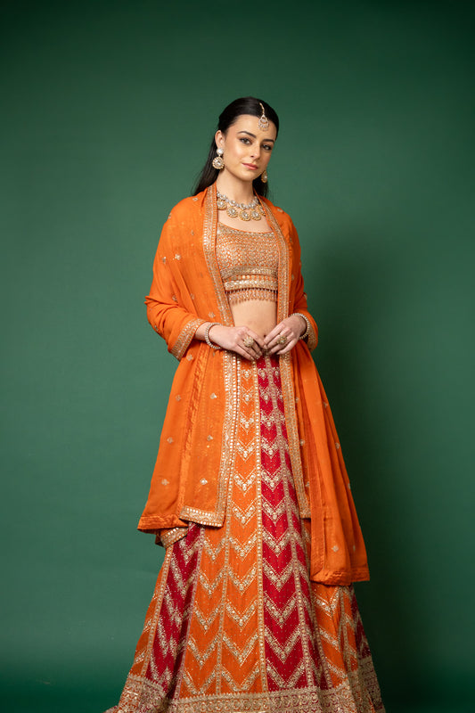 Orange Red Swarovski, Zari Thread & Bead & Sequence Georgette Lehenga Set With Readymade Blouse