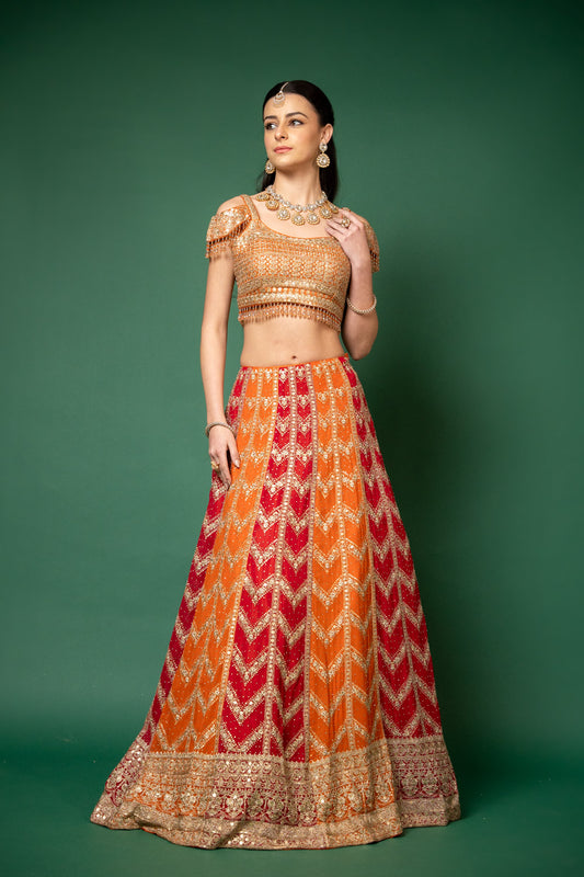 Orange Red Swarovski, Zari Thread & Bead & Sequence Georgette Lehenga Set With Readymade Blouse