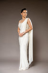 Off White Cutdana, Bead & Sequence Lycra Pre-Draped Designer Saree With Readymade Blouse