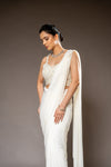 Off White Cutdana, Bead & Sequence Lycra Pre-Draped Designer Saree With Readymade Blouse