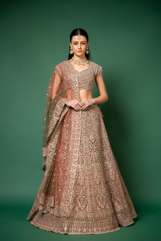 Peach Threadwork, Embroidery, Zari, Zarkan, Mirror & Bead, Sequence Net Lehenga Set With Readymade Blouse