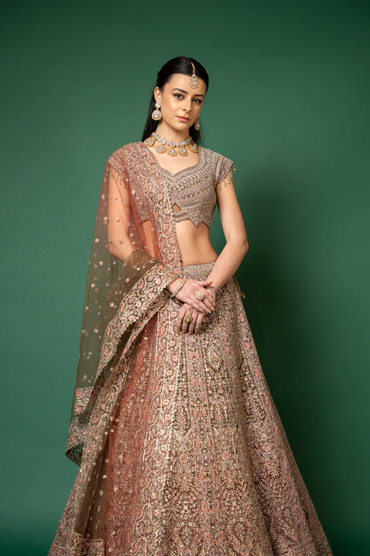 Peach Threadwork, Embroidery, Zari, Zarkan, Mirror & Bead, Sequence Net Lehenga Set With Readymade Blouse