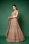 Peach Threadwork, Embroidery, Zari, Zarkan, Mirror & Bead, Sequence Net Lehenga Set With Readymade Blouse