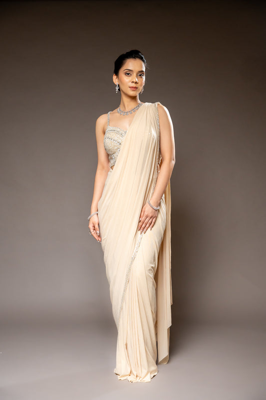 Tussar Cutdana, Bead & Sequence Lycra Pre-Draped Designer Saree With Readymade Blouse