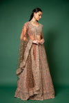 Peach Threadwork, Embroidery, Zari, Zarkan, Mirror & Bead, Sequence Net Lehenga Set With Readymade Blouse