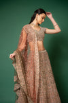 Peach Threadwork, Embroidery, Zari, Zarkan, Mirror & Bead, Sequence Net Lehenga Set With Readymade Blouse