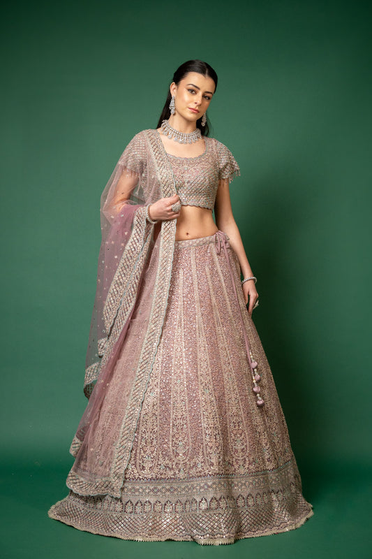 Onion Net Lehenga Set And Net Dupatta With Readymade Blouse