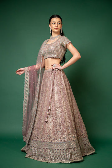 Onion Zari, Zarkan, Threadwork, Embroidered, Bead, Sequence Net Lehenga Set With Readymade Blouse