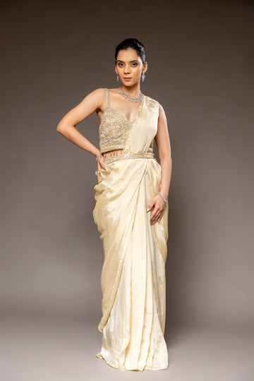 Tussar Crush Pre-Draped Designer Saree With Readymade Blouse