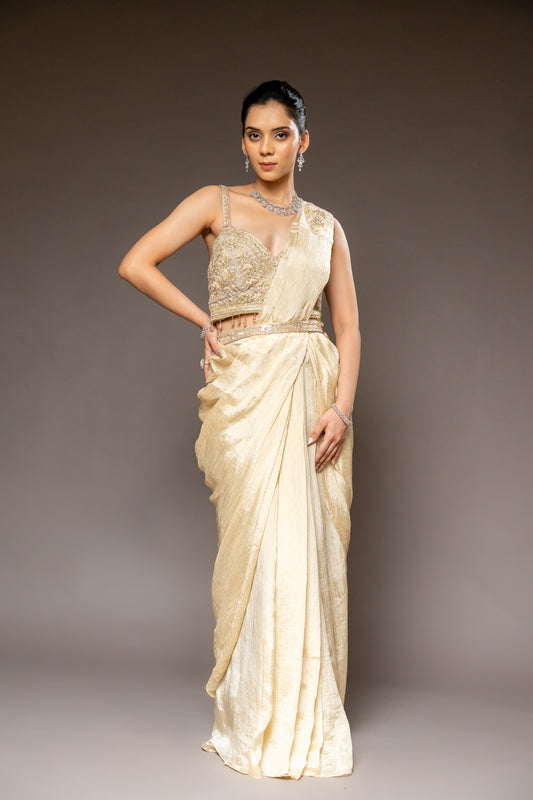 Tussar Cutdana, Bead & Sequence Crush Pre-Draped Designer Saree With Readymade Blouse