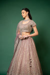 Onion Zari, Zarkan, Threadwork, Embroidered, Bead, Sequence Net Lehenga Set With Readymade Blouse