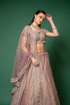 Onion Zari, Zarkan, Threadwork, Embroidered, Bead, Sequence Net Lehenga Set With Readymade Blouse