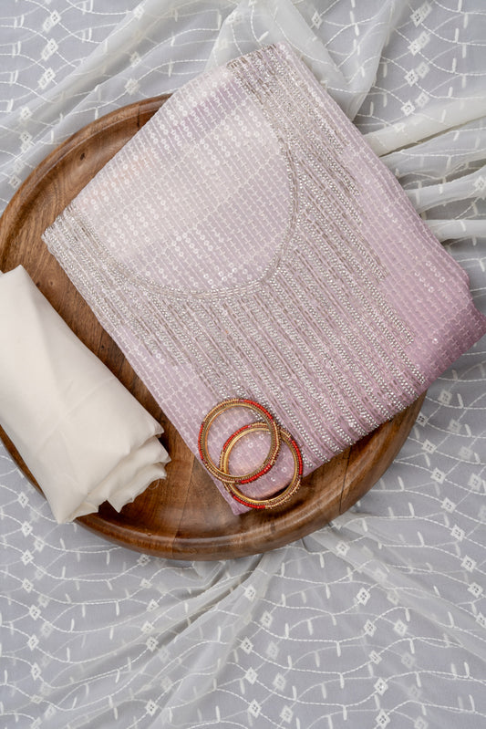 Rani Mirror, Sequence, Threadwork & Zarkan Crepe Unstitched Salwar Suit With Chiffon Dupatta