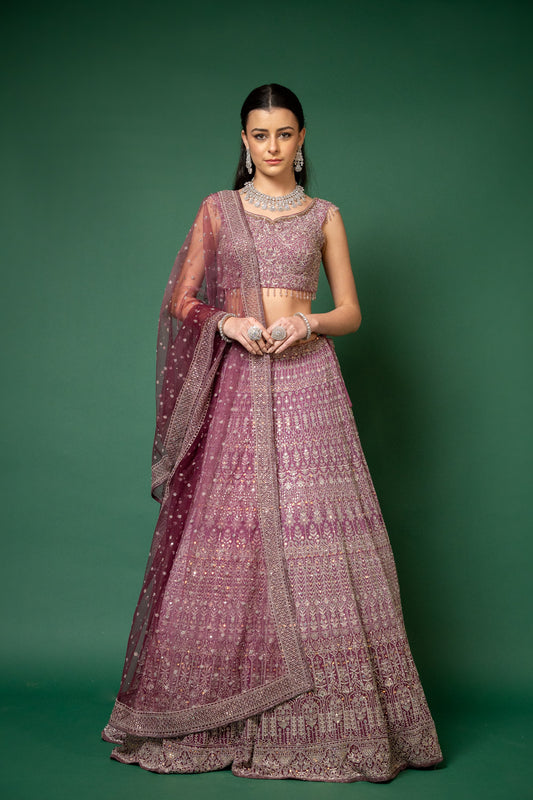 Mauve Mirror, Zari, Threadwork, Embroidered, Bead, Sequence Georgette Lehenga Set With Readymade Blouse