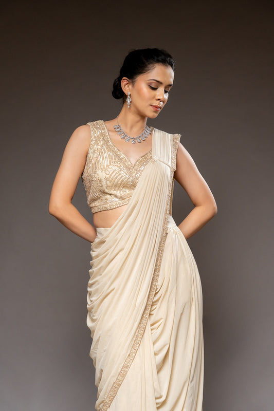Tussar Cutdana, Bead & Sequence Lycra Pre-Draped Designer Saree With Readymade Blouse