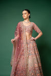 Gajari Threadwork, Embroidery, Zari, Zarkan, Mirror & Bead, Sequence Net Lehenga Set With Readymade Blouse