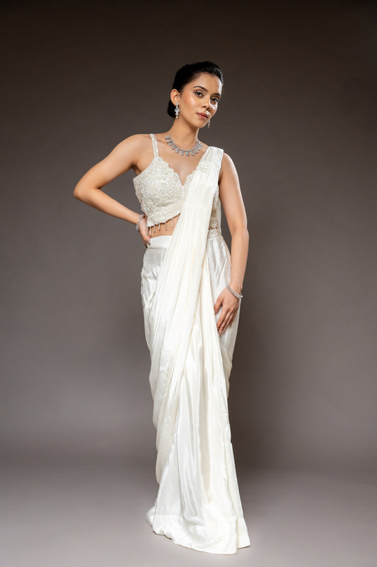 White Cutdana, Bead & Sequence Lycra Pre-Draped Designer Saree With Readymade Blouse