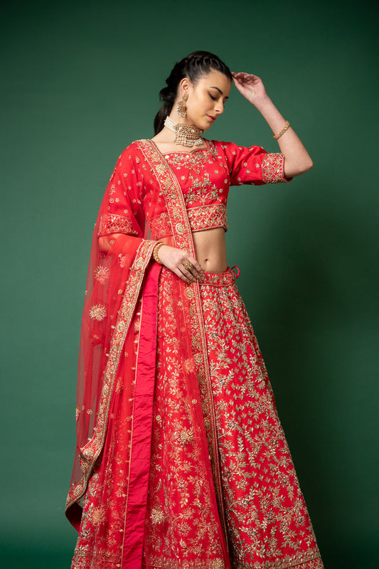 Rani Dabka, Zari Thread, Gotta Patti, Bead & Sequence Raw Silk Lehenga Set With Readymade Blouse